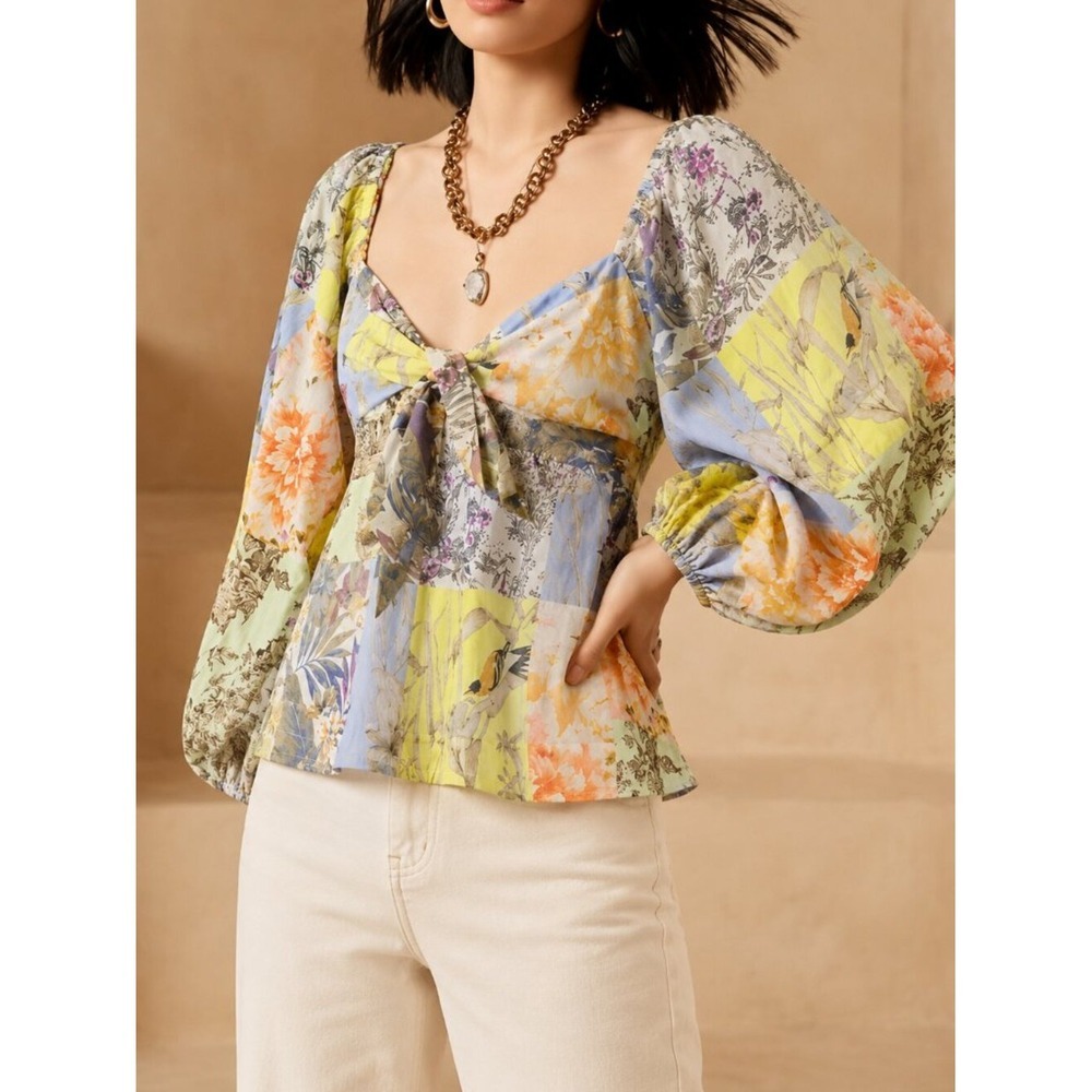 Banana Republic NEW Ramie Patchwork Botanical Floral Twist Front Top SZ Medium